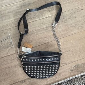 Black Studded Crossbody Belt Bag with Chain Accent